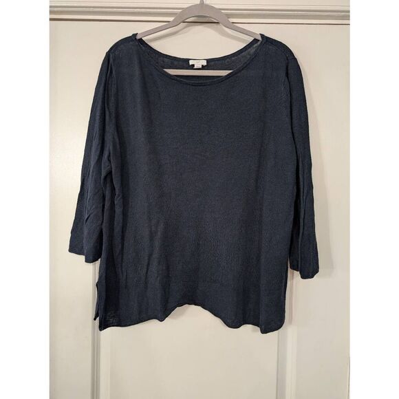 J. Jill Boxy Linen Blend Sweater Top women's Large petite navy blue nautical - Picture 1 of 8